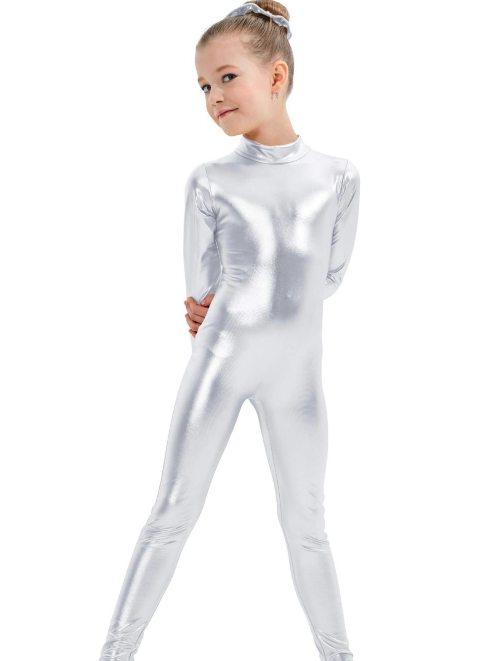 Kepblom Girls Shiny Metallic Mock Neck Unitard Long Sleeve Zipper Back